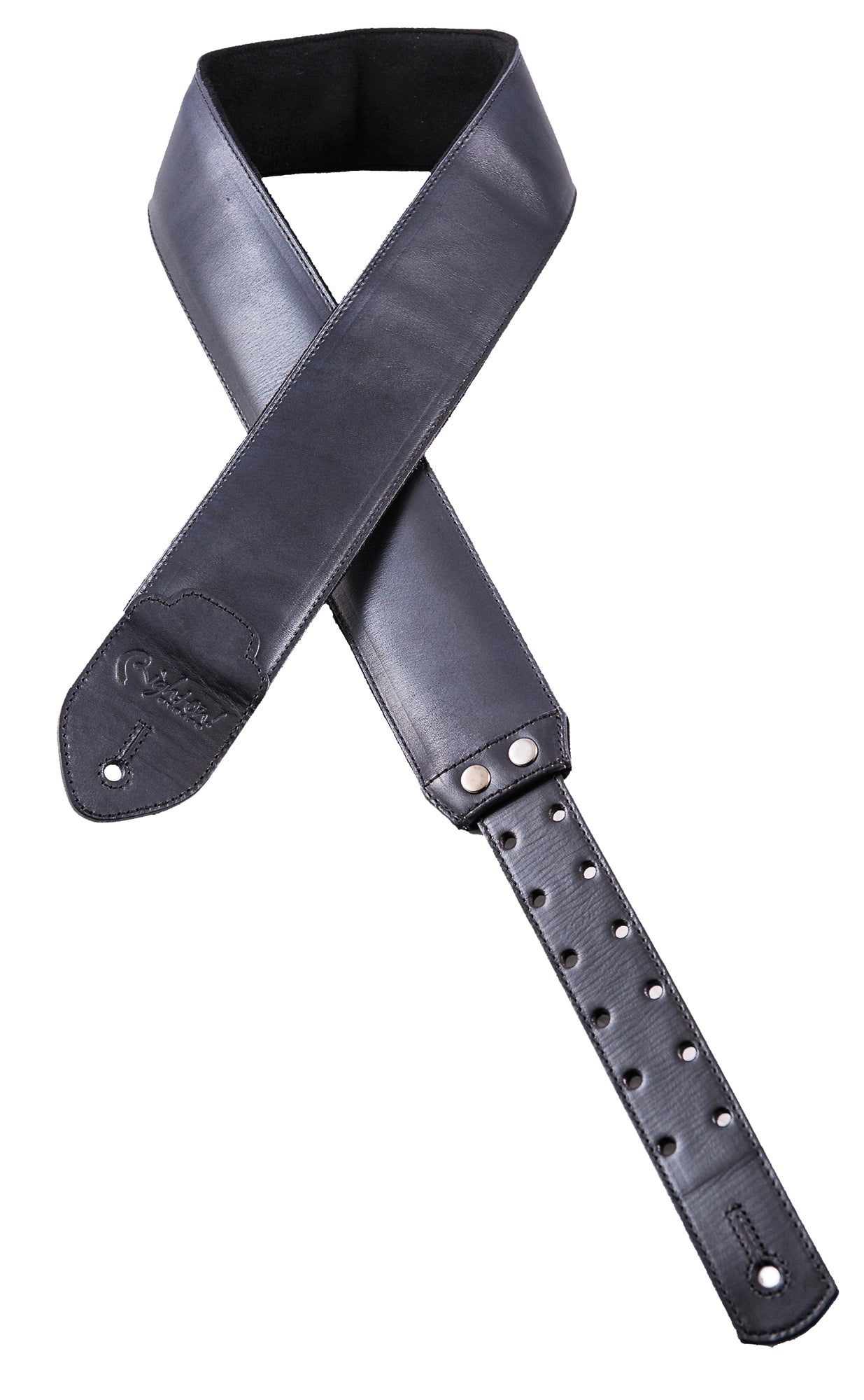 Courroie modèle VINTAGE, extérieur cuir HQ peint à la main, largeur 6 cm, longueur 95 à 150 cm, porte-médiators intégré, noir