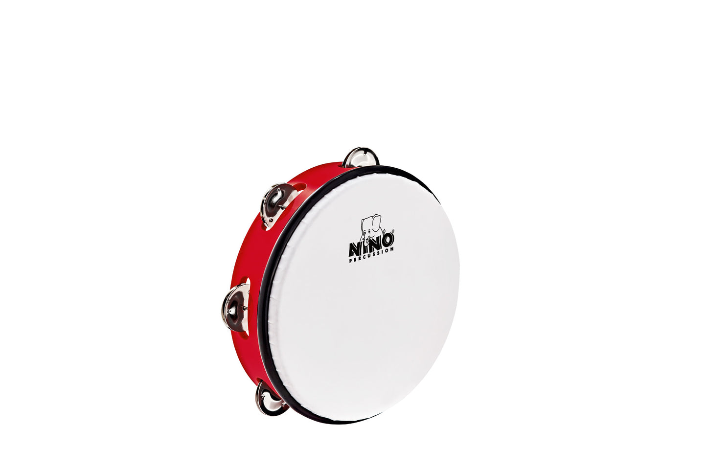Tambourin Nino 8" cadre en plastique ABS, peau synthétique, cymbalettes nickelées, avec mailloche bois, rouge