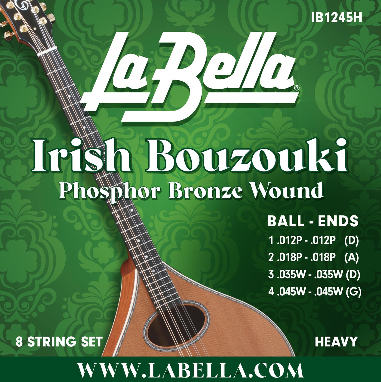 Jeu pour bouzouki irlandais, acier plein et filé phosphore bronze, 8 cordes Heavy (12/12-18/18-35w/35w-45w/45w)