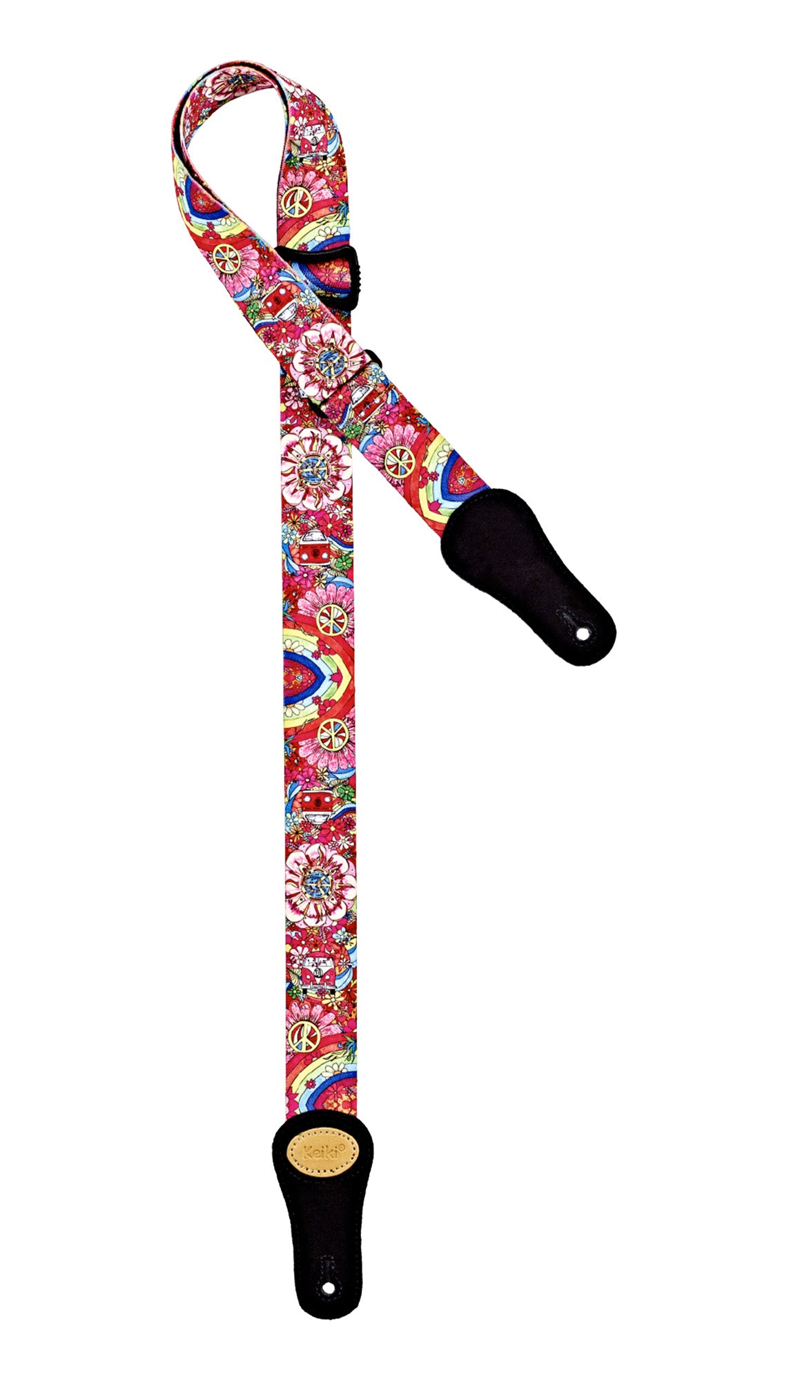 Courroie ukulélé, design"Peace 68", nylon, extrémités daim, largeur 3.6 cm, longueur jusqu'à 144 cm