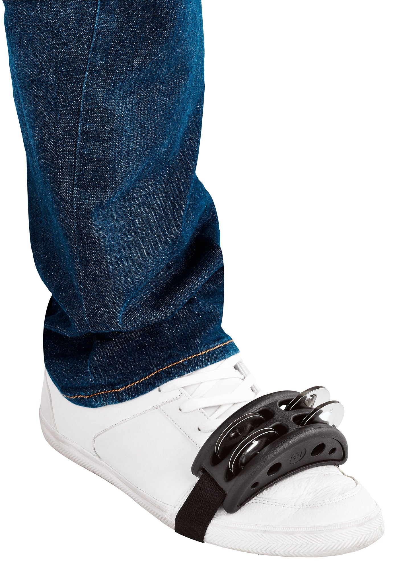 Tambourin pour pied compact, corps synthétique, cymbalettes inox, lanière élastique, mise en place facile, ergonomique, noir