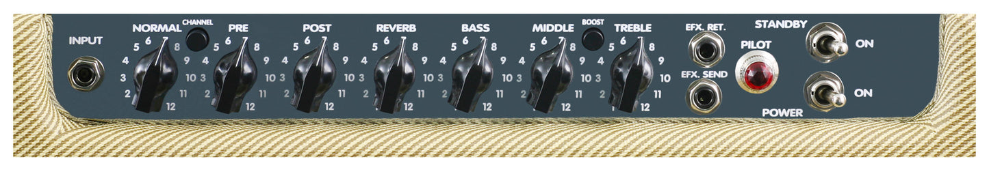 Ampli à lampes 30W, HP 1x 12", 2 canaux, EQ 3 bandes, fonction Boost,"Spring Reverb" intégrée, pédalier inclus, finition tweed