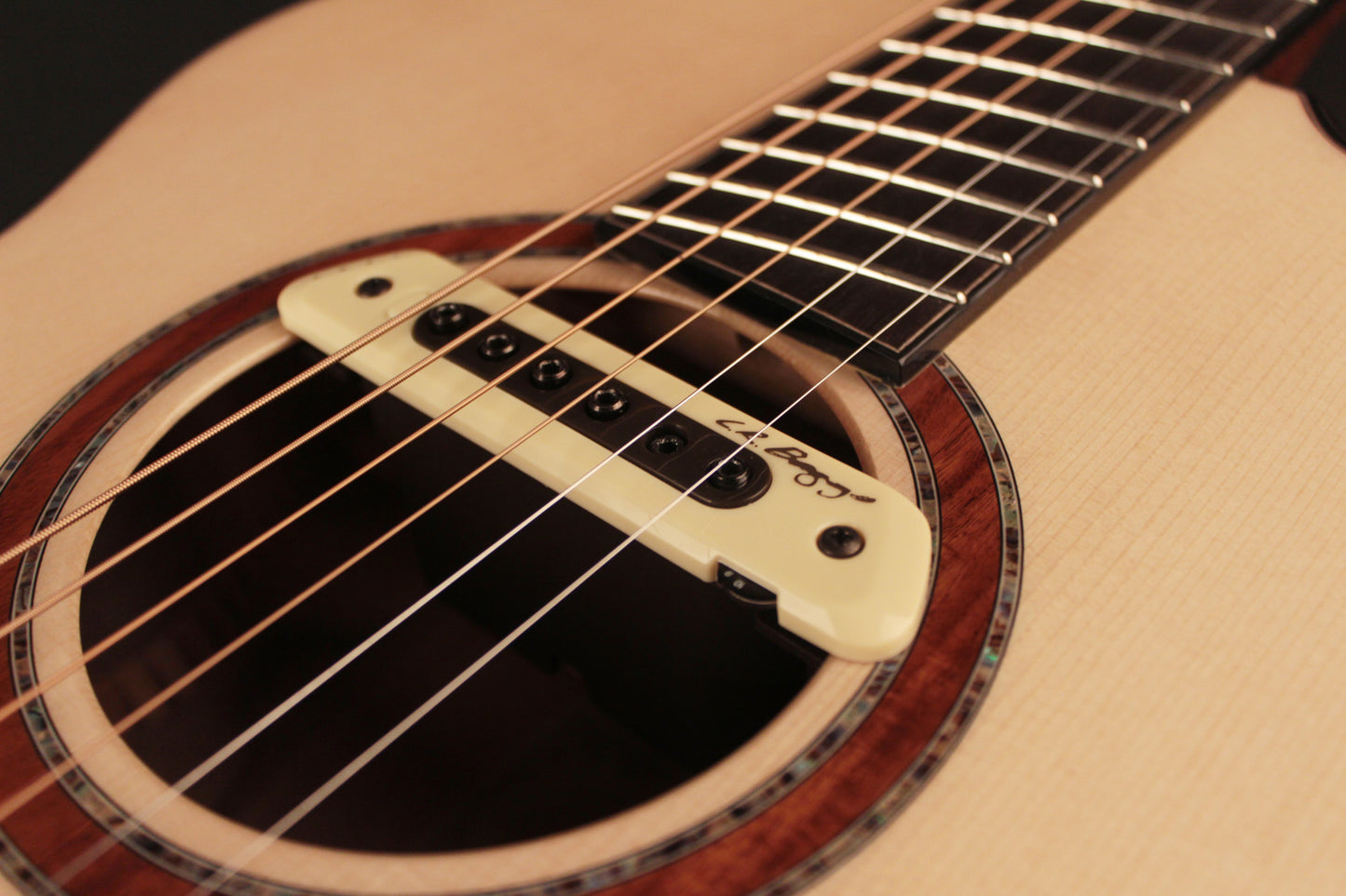 CUT CRAFT, série limitée, forme Small Jumbo, table épicéa européen, fond & éclisses myrtlewood, micro LR Baggs M80, étui