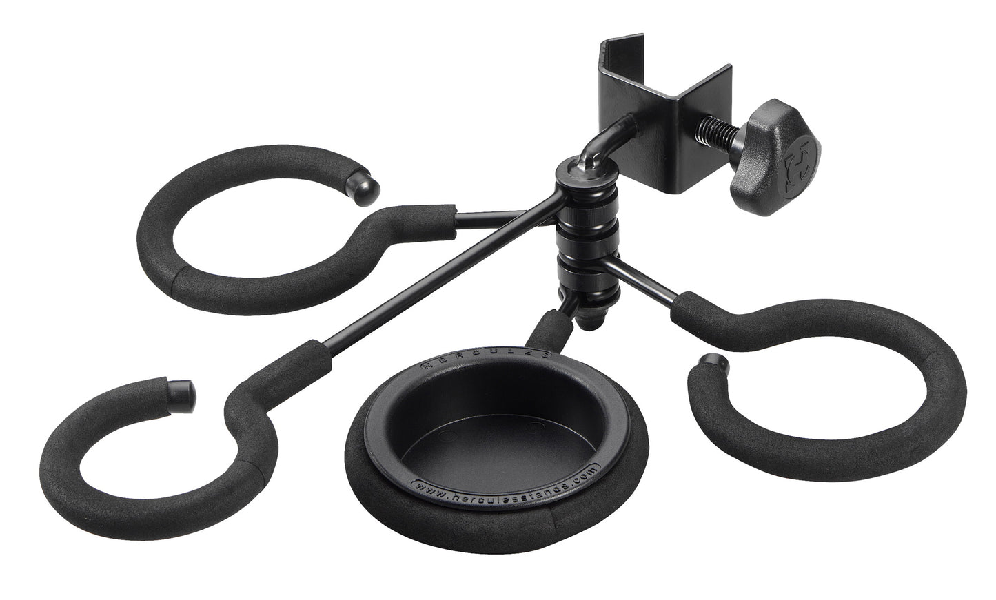 Support pour 4 sourdines (cornet, trompette, trombone et cor d'harmonie), se fixe sur pupitre ou pied de micro