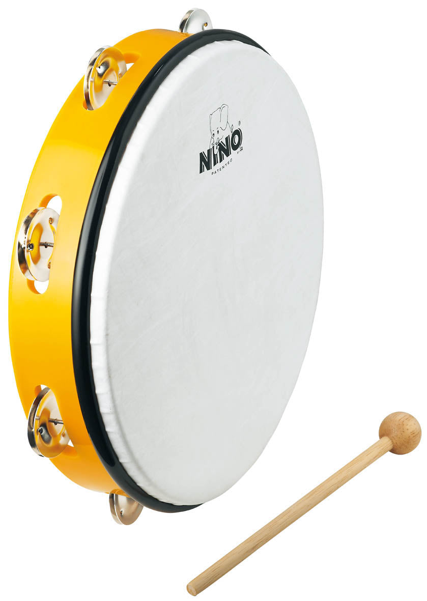 Tambourin 10" cadre en plastique ABS, peau synthétique, cymbalettes nickelées, avec mailloche bois, jaune