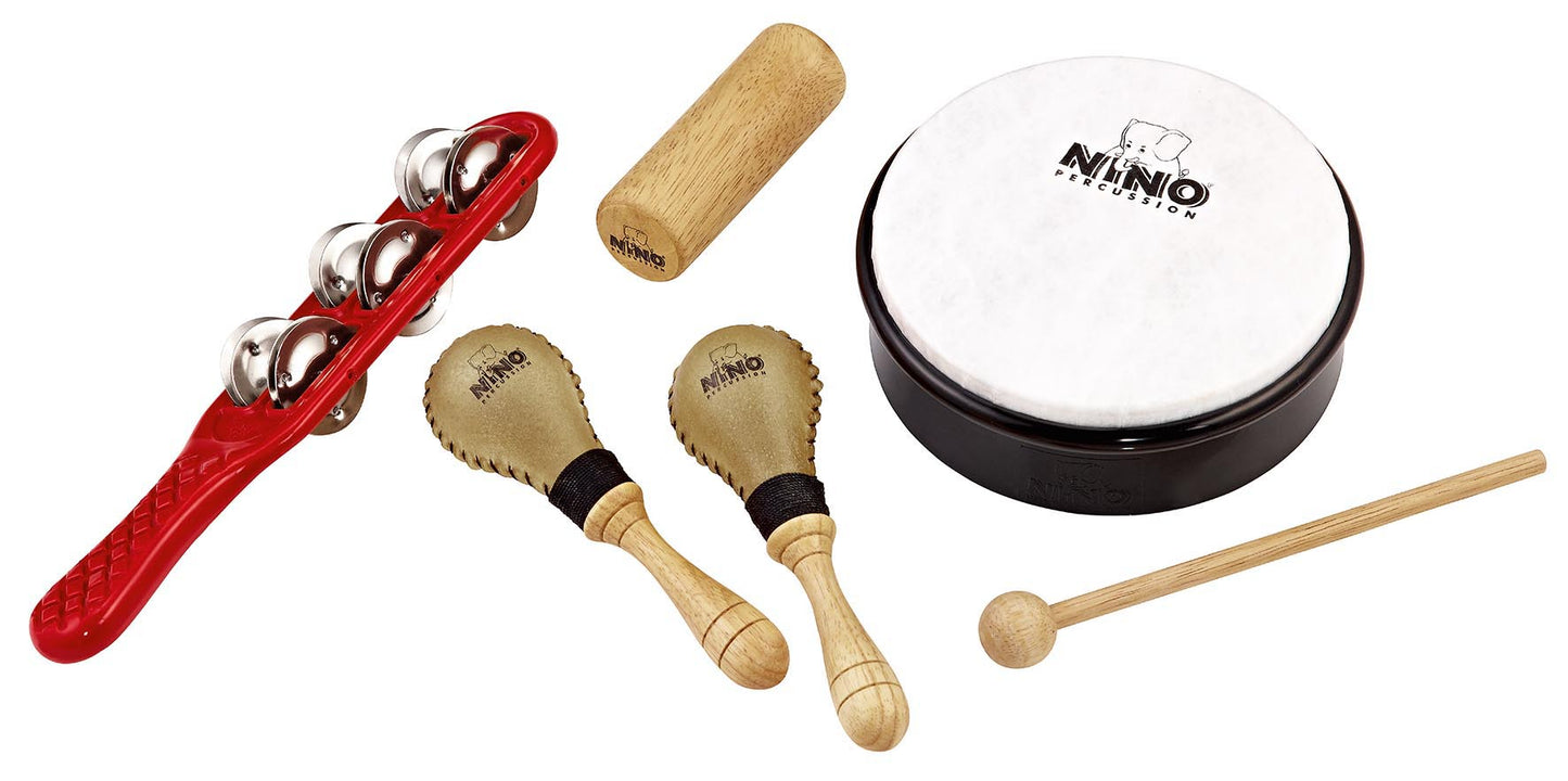 Lot de 4 petites percussions avec housse (tambourin ABS 6" + mailloche, shaker bois, paire de maracas skin, jingle stick güiro)