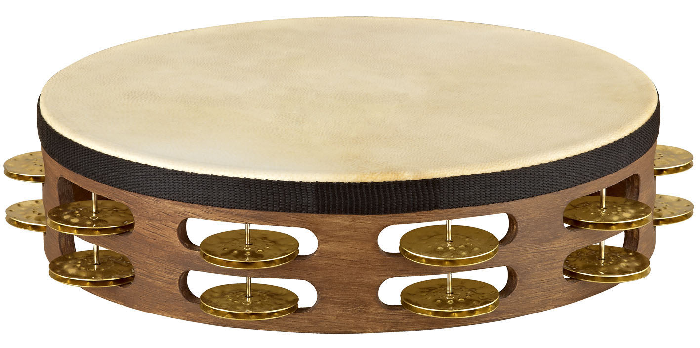 Tambourin bois avec peau de chèvre sélectionnée à la main, 2 rangée de cymbalettes martelées en laiton, Walnut Brown