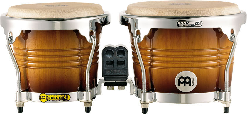 Paire bongos 6"3/4 & 8", hévéa, susp. Free Ride, peaux buffle, crochets 8 mm, cercles SSR 2mm, accast. chromé, Gold Amber bri