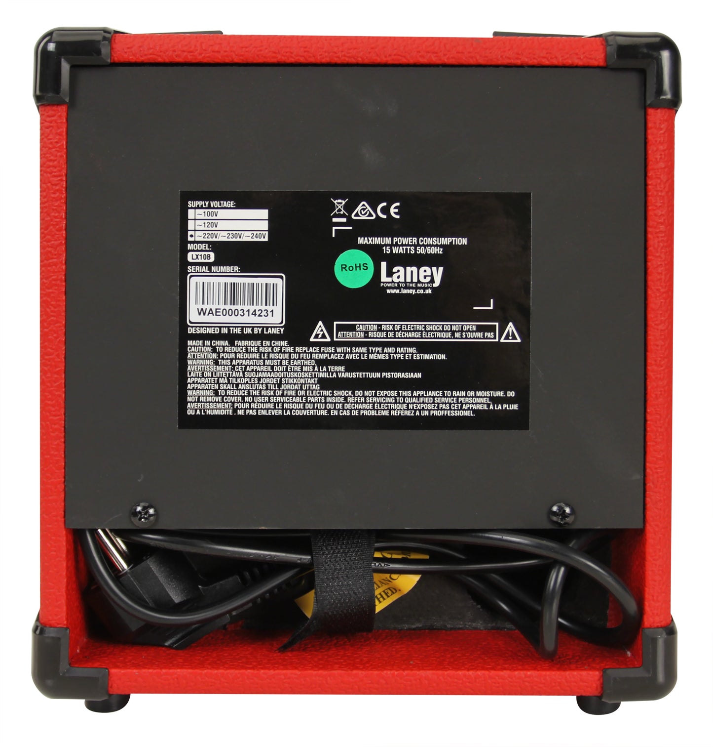 Ampli basse électrique 10W, 1x HP 5", 1 canal avec switch Shape, entrée jack, EQ 2 bandes, entrée auxiliaire, rouge