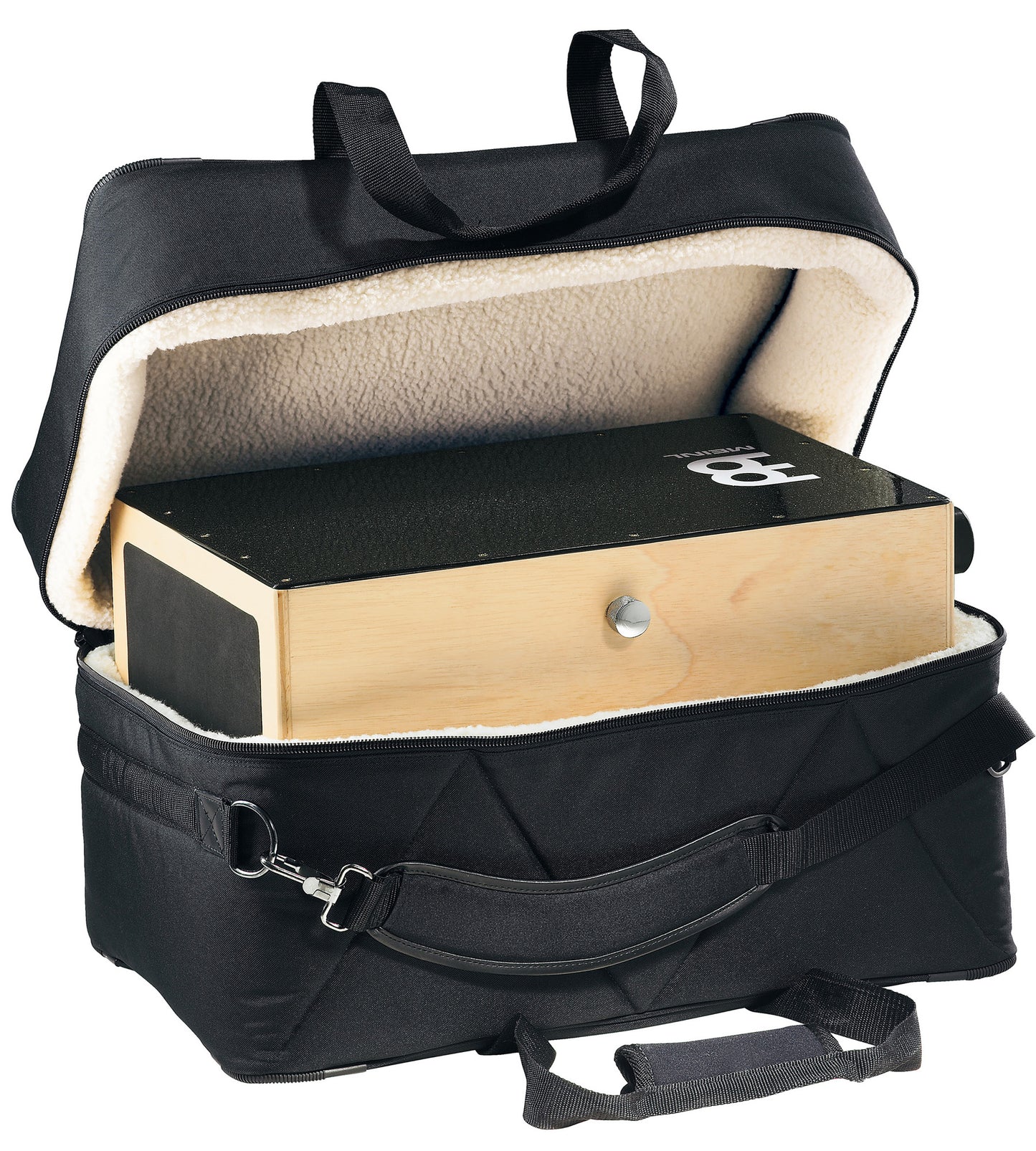 Housse cajon luxe, nylon rembourré 20 mm, fourrure synthétique, poignée, sangle rembourrée, 52x30.5x30.5, noir