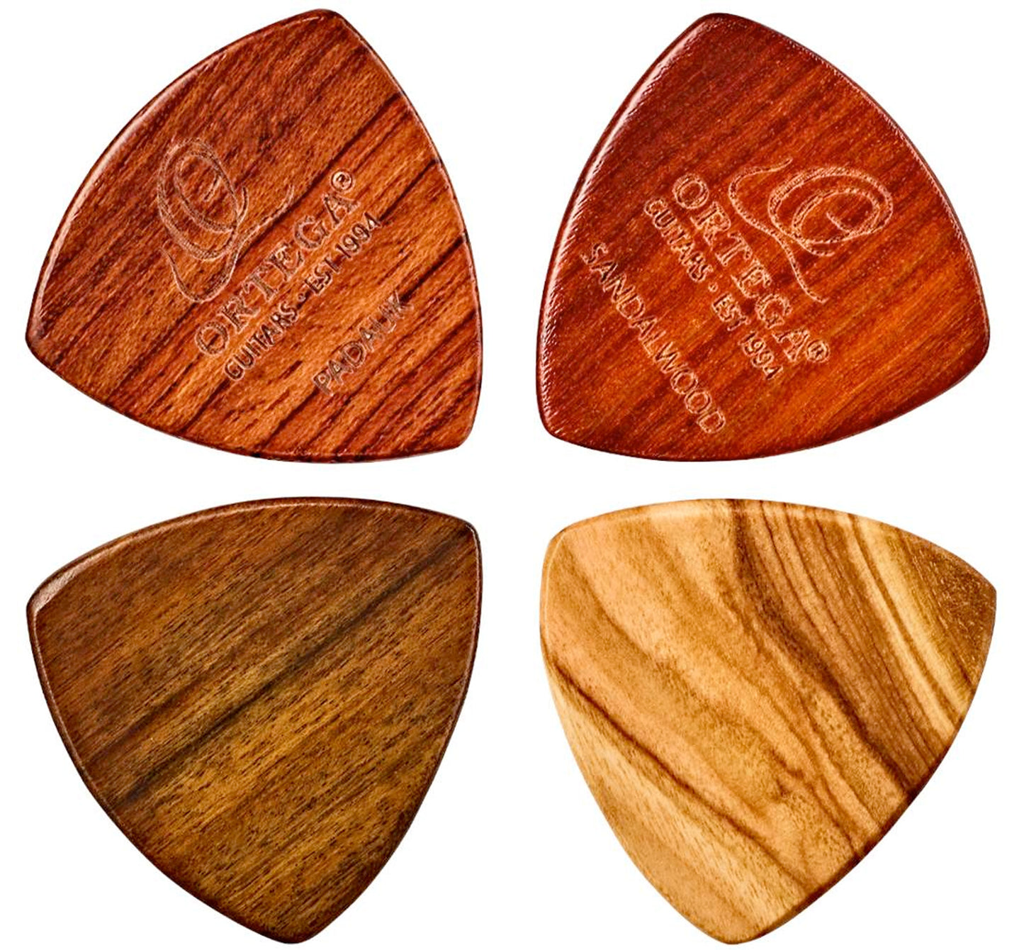 Set de 4 médiators en bois, triangle XL (1 x ovangkol, 1 x padouk, 1 x santal, 1 x bois de chacate), épaisseur 2.0 mm