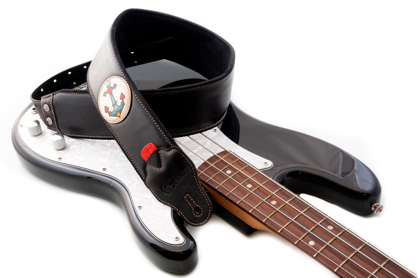 Courroie modèle TATOO ANCHOR, extérieur synthétique, largeur 7 cm, longueur 98 à 153 cm, porte-médiators intégré, noir