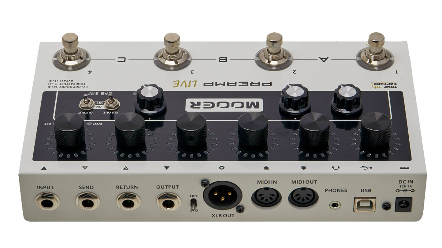 Pédalier préampli numérique PREAMP LIVE, 12 canaux préamplis indépendants (3 banques), 50 modèles d'amplificateur, blanc