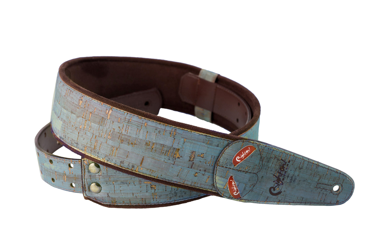 Courroie modèle CORK, extérieur liège, largeur 6 cm, longueur 100 à 145 cm, porte-médiators intégré, teal