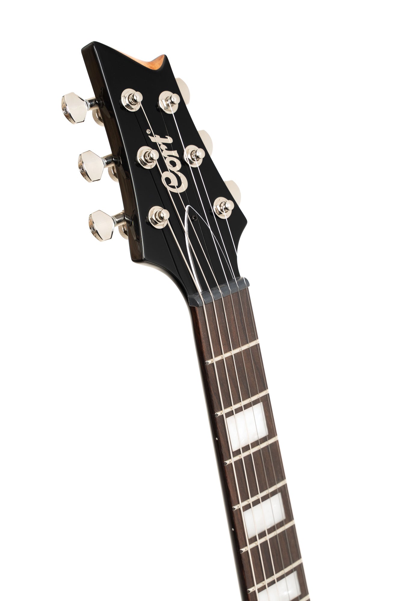 M600, corps acajou, placage érable flammé, manche collé acajou, 2 micros doubles Cort Voiced Tone VTH-59, trans black burst