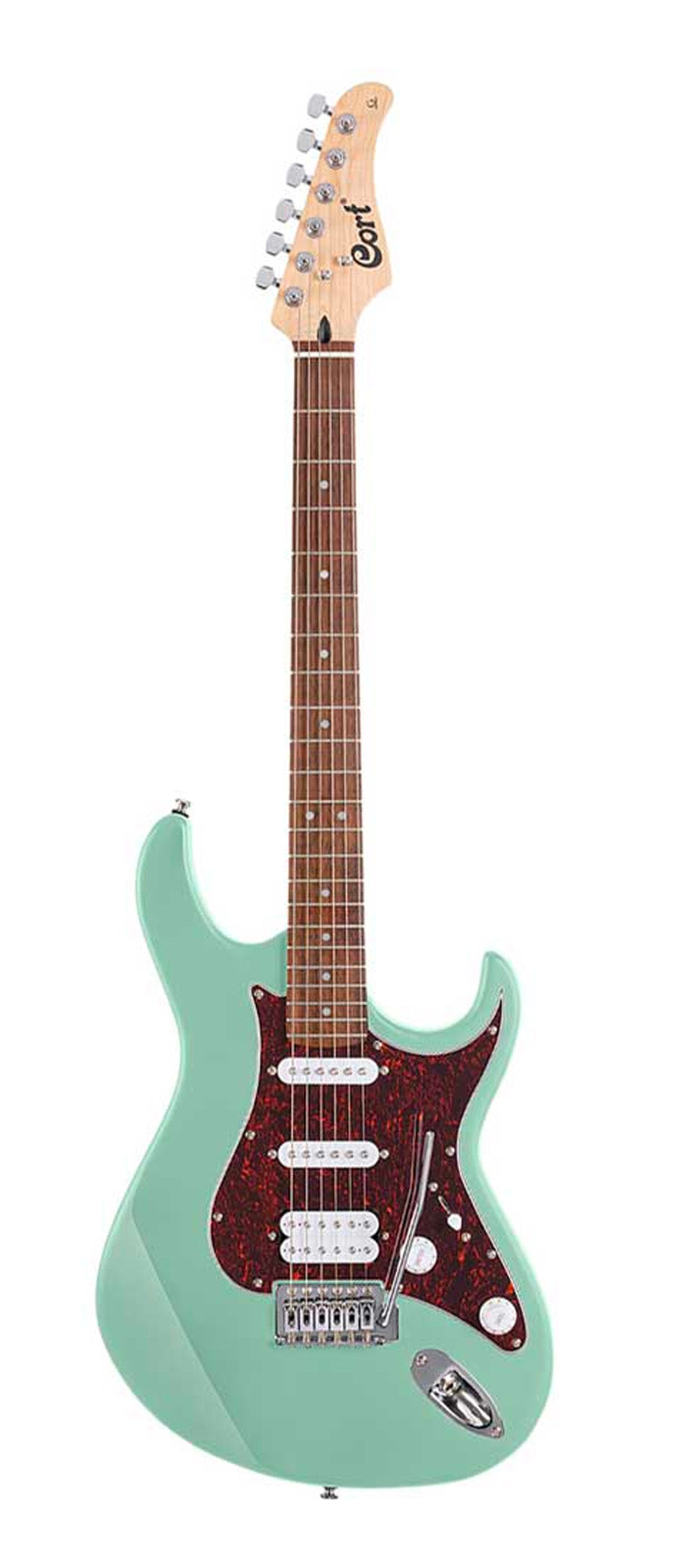 G115 SE, corps peuplier, manche érable, touche laurier indien, 3 micros Powersound (S/S/H), plaque tortoise, sea foam green