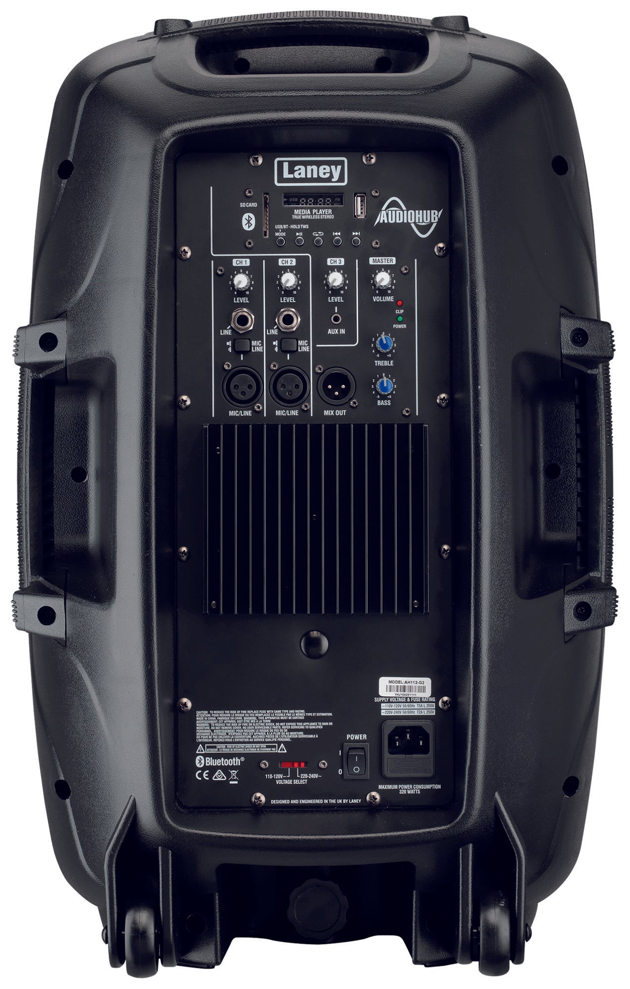 Enceinte polyvalente AH112-G2, 800W, HP 12" + compression 1", 3 canaux, lecteur média SD/USB/BLUETOOTH, 12 kg, noir