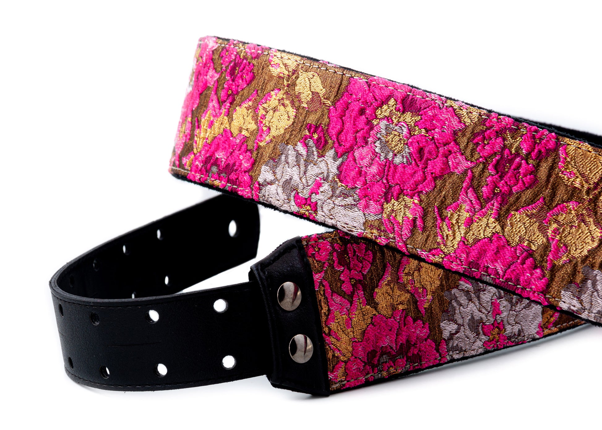 Courroie modèle GOLD & ROSES, extérieur synthétique et tissu, largeur 7 cm, longueur 95 à 150 cm, porte-médiators, rose