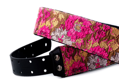 Courroie modèle GOLD & ROSES, extérieur synthétique et tissu, largeur 7 cm, longueur 95 à 150 cm, porte-médiators, rose