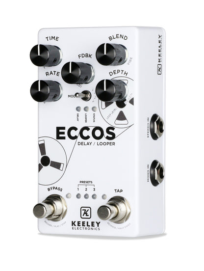 Pédale ECCOS, délai vintage et looper stéréo, 3 presets, tap tempo, entrée pour pédale d'expression, boitier métal, blanc