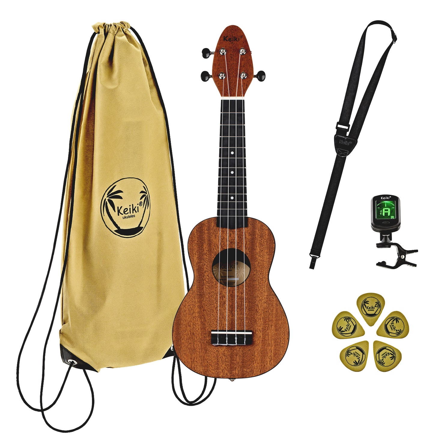 K2-MAH-L, pack ukulélé Soprano, table acajou, corps ABS galbé, manche okoumé, 12 frettes, accessoires, modèle gaucher