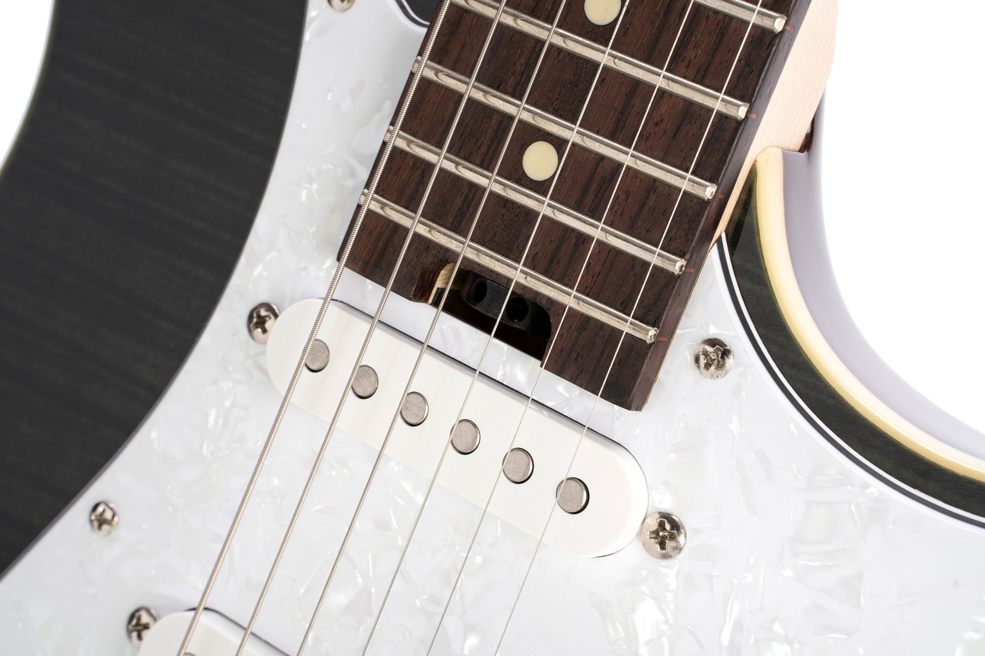 G280 SELECT, corps aulne, table érable flammé, touche palissandre, 2 micros simples et 1 double Voiced Tone, noir translucide