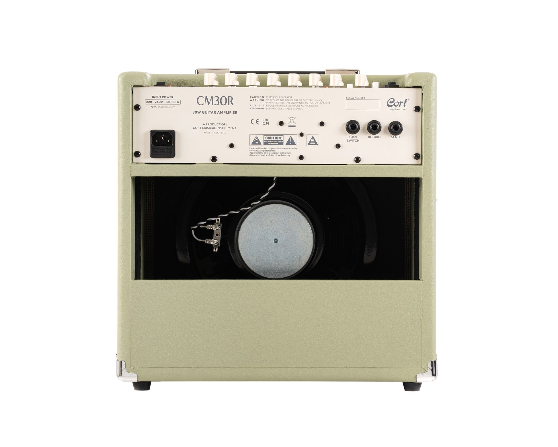 Ampli guitare 30W, 1x 10", 2 canaux, égaliseur 3 bandes, réverb, entrée Bluetooth, entrée CD/MP3 mini-Jack, vert pale