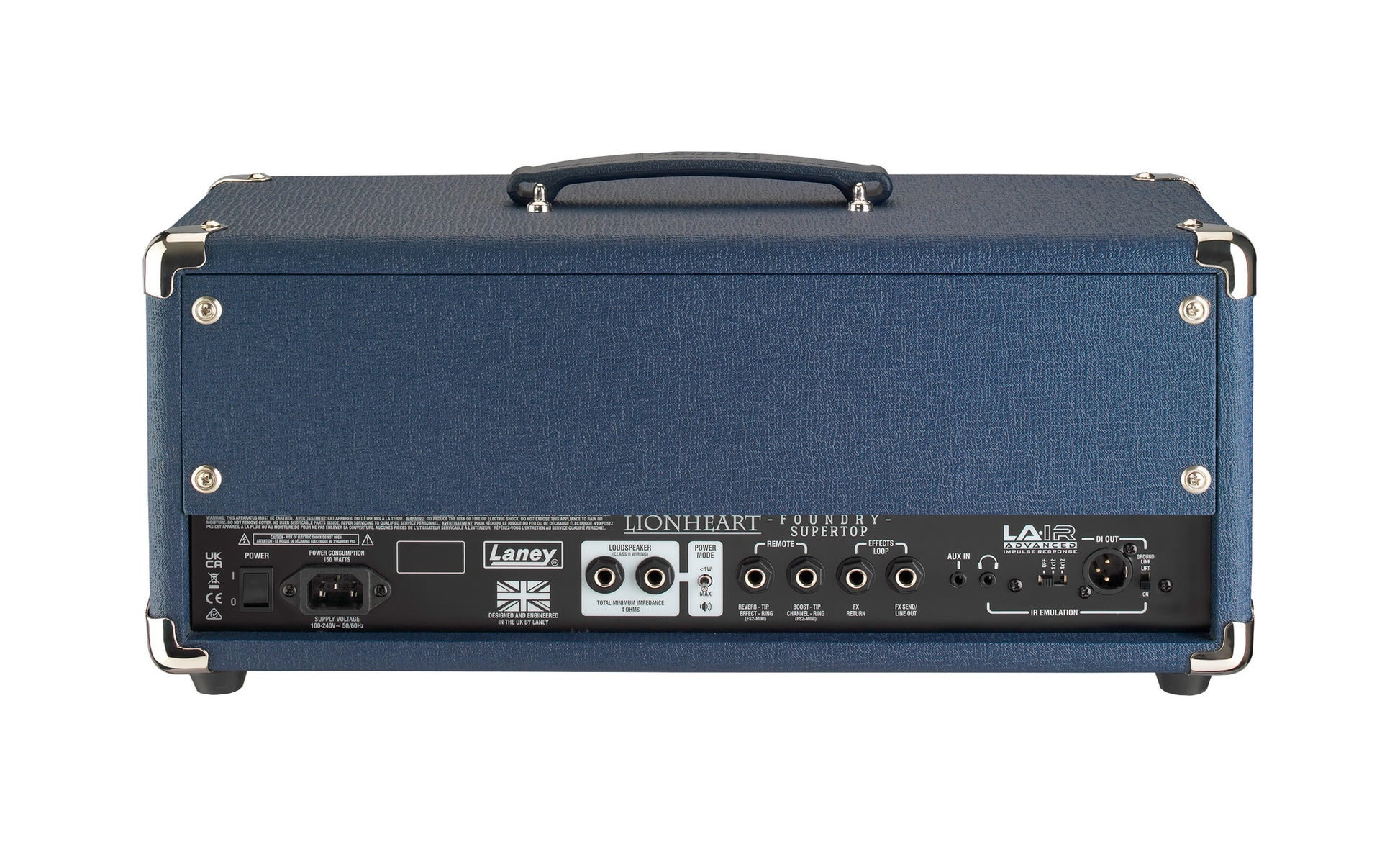 Tête guitare électrique 120W, 2 canaux, EQ 3 bandes, réverb, tremolo, chorus, boucle d'effet, 7 kg, bleu