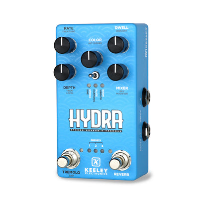 Pédale HYDRA, réverb et trémolo stéréo, 3 presets, tap tempo, entrée pour pédale d'expression, boitier métal, bleu