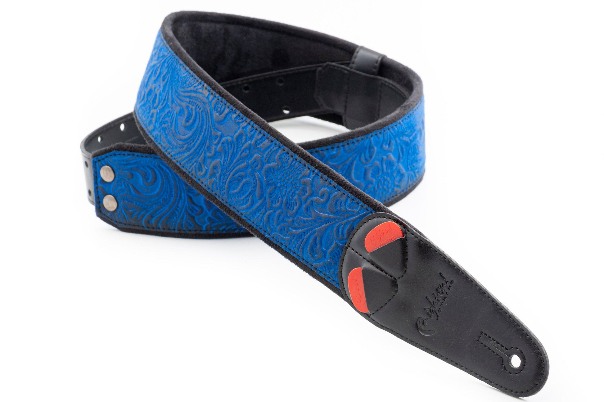 Courroie modèle SANDOKAN, extérieur synthétique et tissu, largeur 6 cm, longueur 100 à 145 cm, porte-médiators intégré, bleu