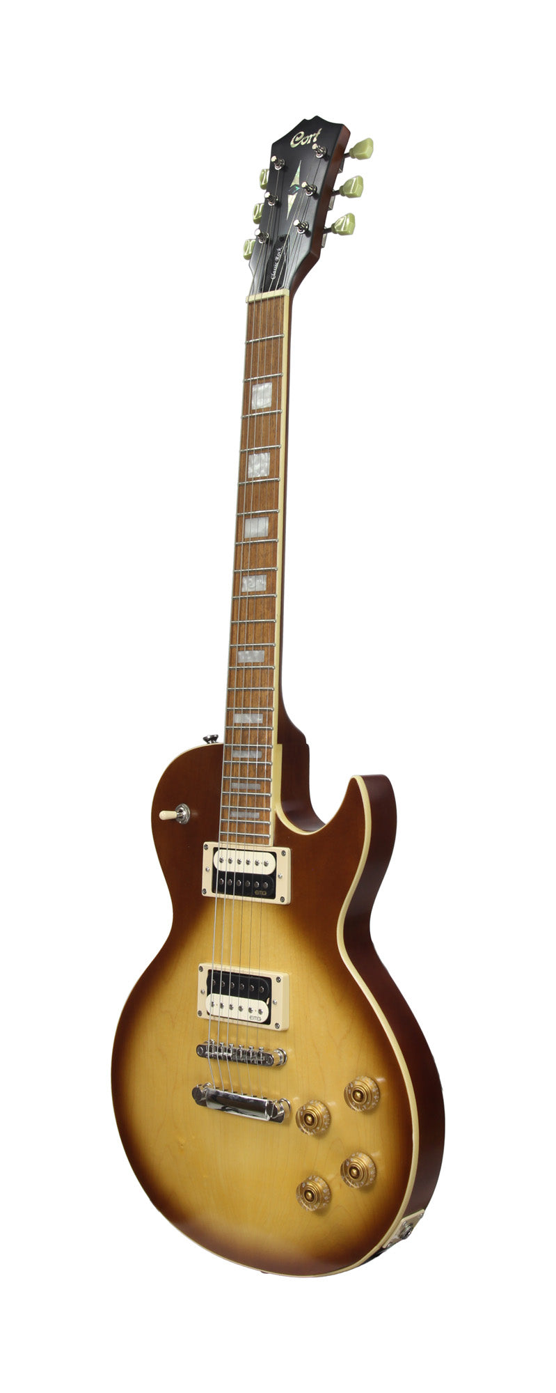 CR300, corps acajou, table érable, manche collé acajou, touche jatoba, 2 micros doubles EMG RetroActive, aged vintage burst