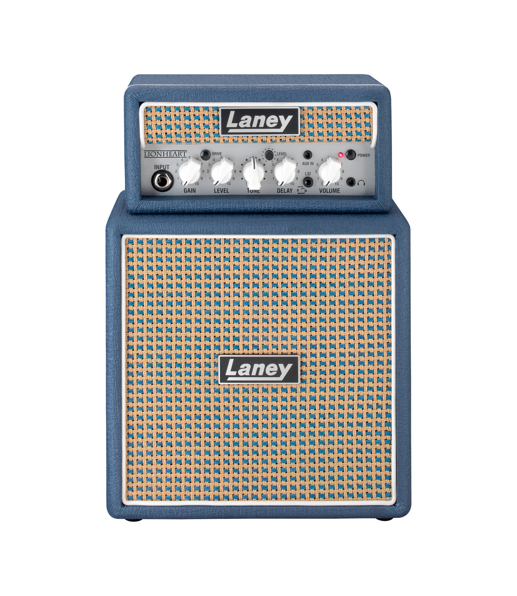 Ampli guitare MINISTACK-LION stéréo 2x 3W, look Lionheart, 4 x HP 3", 2 canaux, connectique LSI, bleu