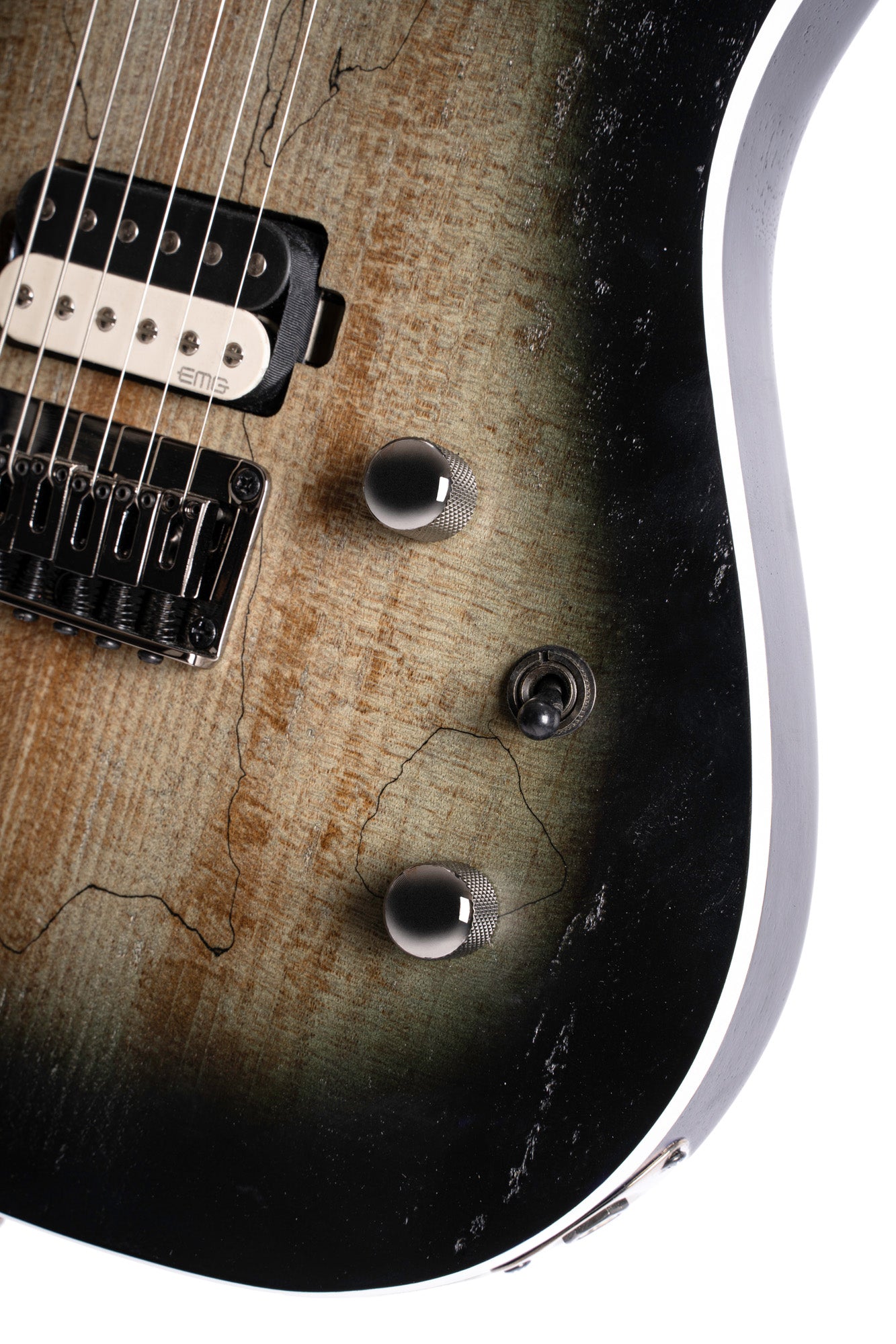 KX300, corps acajou, table érable figuré, manche vissé érable, touche jatoba, micros EMG RetroActive, raw burst pores ouverts