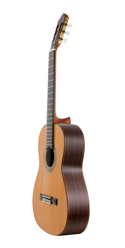 MOD.7, table cèdre massif, fond & éclisses palissandre, touche palissandre, satiné, table brillante