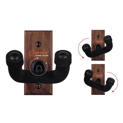 Support mural pour guitare et basse, embase bois, fixation par 2 vis, étrier (largeur: 4.5 cm) recouvert de mousse, noyer