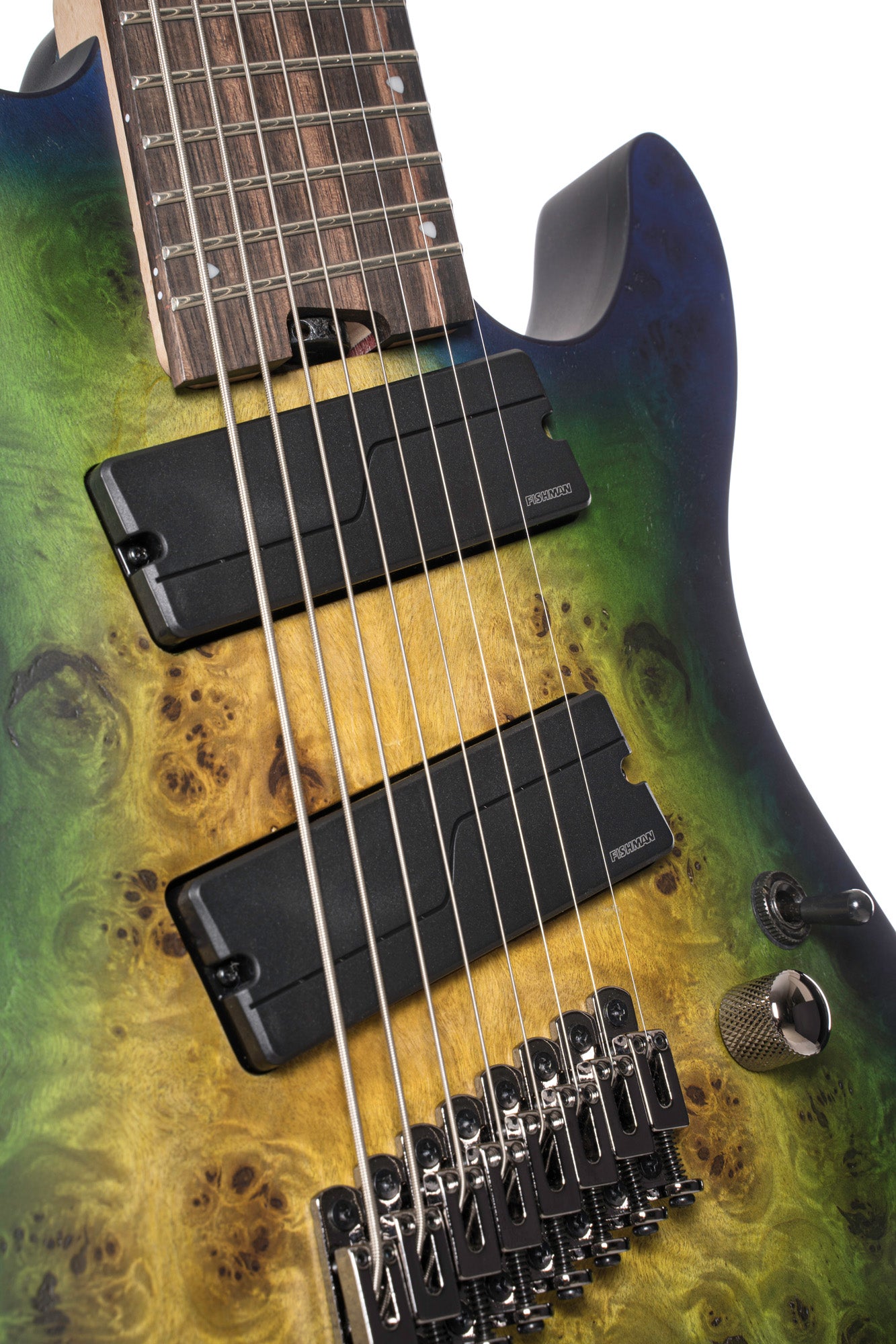 KX508MS2, 8 cordes, corps okoumé, table peuplier figuré, frettes en éventail, touche ébène, micros Fishman, mariana blue burst