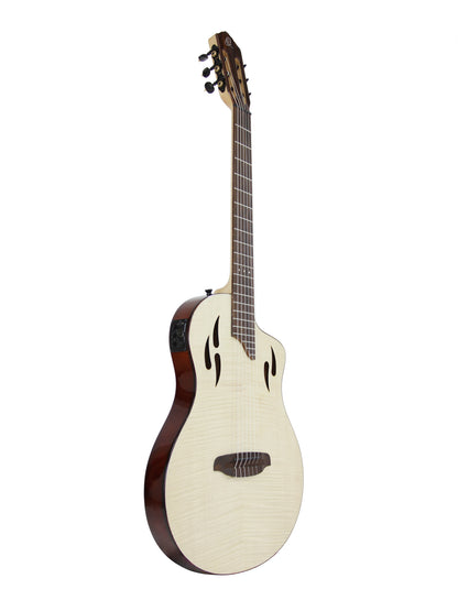 RTPFE-1, modèle TourPlayer, EQ Magus X, corps okoumé, table érable flammé, sillet 48 mm, housse, naturel brillant