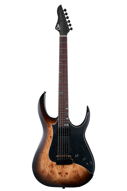 GTRS M810, corps aulne, manche érable torréfié, table loupe de peuplier, touche palissandre, processeur GTRS, natural burst