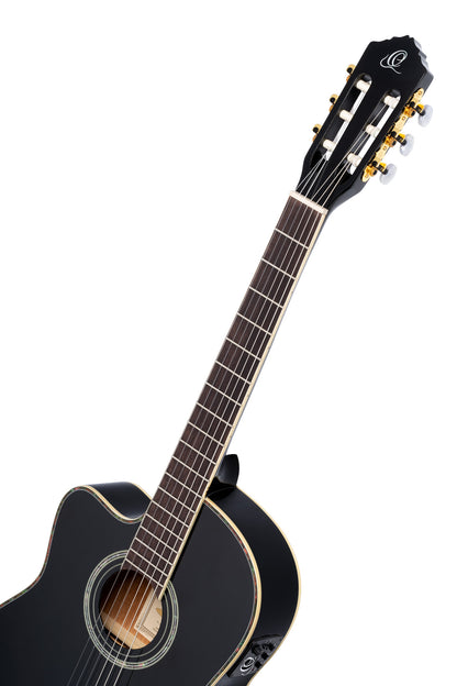 RCE145L, modèle gaucher à caisse fine, pan coupé, EQ MagusPro, table épicéa massif, manche acajou (sillet 48 mm), noir brillant