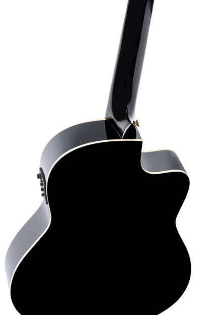 RCE145L, modèle gaucher à caisse fine, pan coupé, EQ MagusPro, table épicéa massif, manche acajou (sillet 48 mm), noir brillant