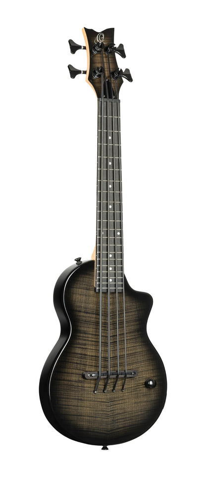 NEO-BS-TGB, modèle Ukebass, pan coupé, EQ MagusExpress, table érable flammé, corps okoumé, manche érable, housse, gris