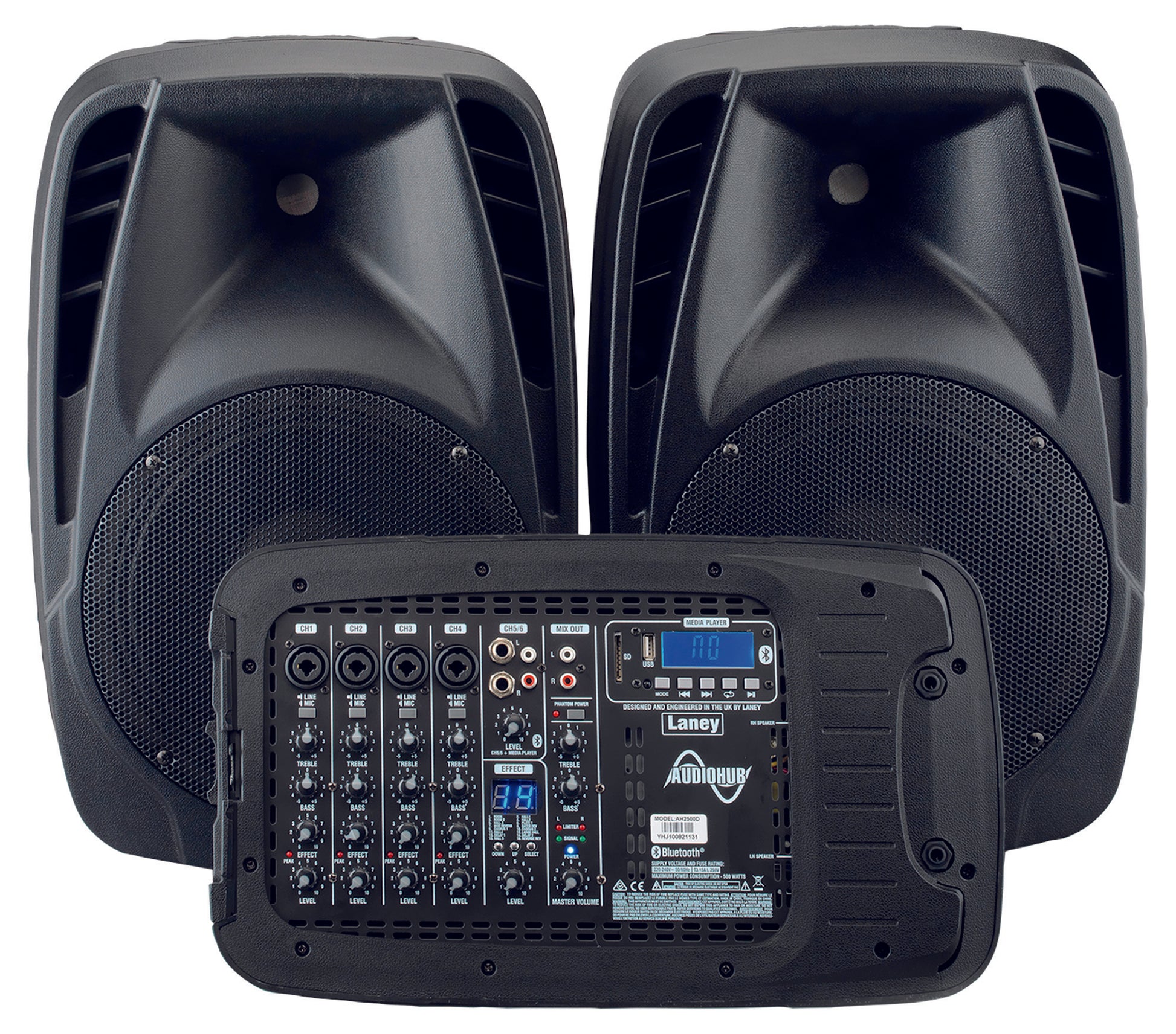 Système polyvalent complet AH2500D, 2x 500W avec enceintes 10", mixeur, 2 micros et câbles, effets intégrés, 18.7 kg, noir