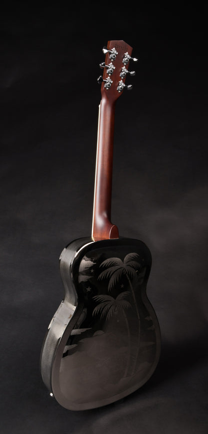 JR-998, corps en laiton, manche acajou, touche palissandre, micro simple, nickel brillant avec palmiers.