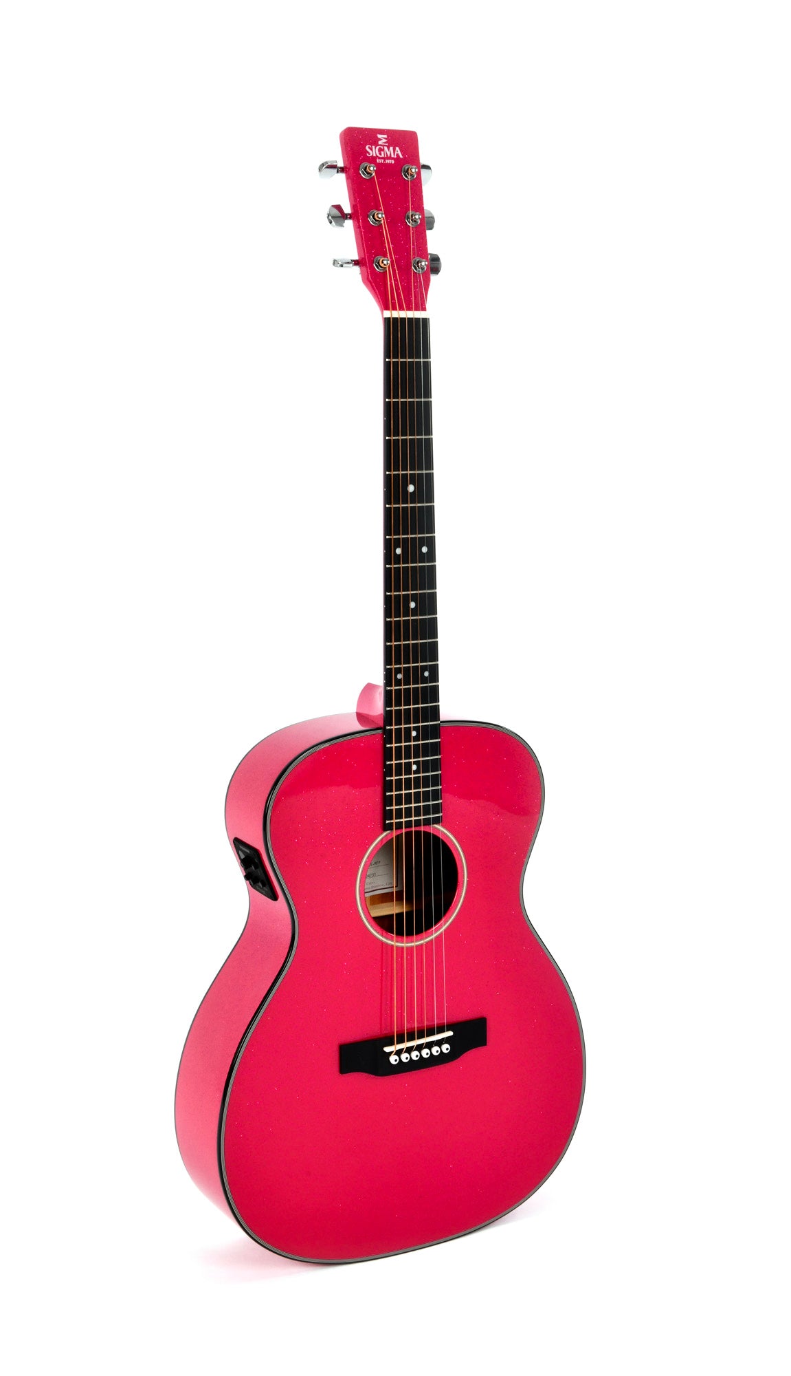 Modèle 000M-1E, Forme 000, table épicéa massif, f/e acajou, touche micarta, EQ Fishman, rose pailleté