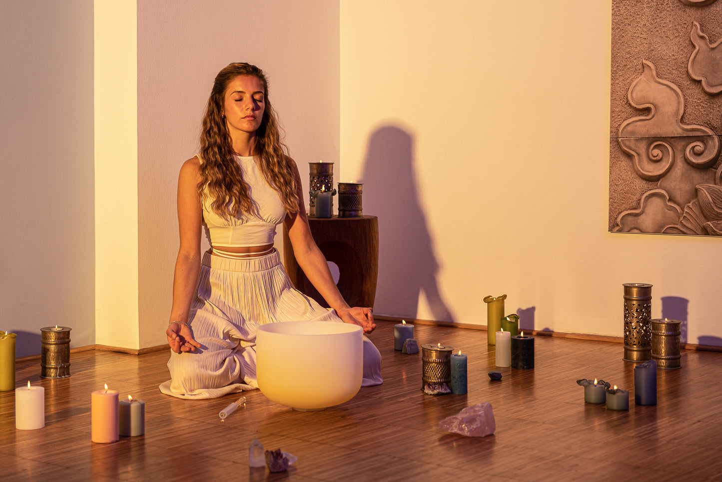 SINGING BOWL SONIC ENERGY CRISTAL 12" yellow, navel chakra, E4 329.63hz, quartz, couleur effet gelé