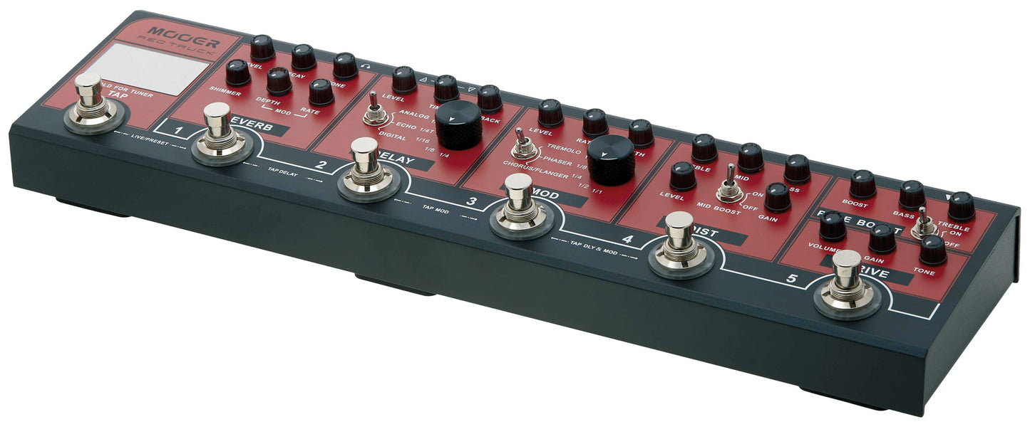 Pédalier RED TRUCK, 6 pédales d'effet (Boost, Overdrive, Distorsion, Modulation, Délai, Réverb), rouge