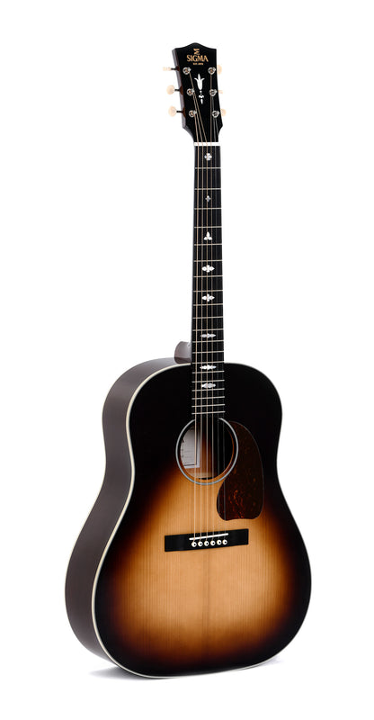 Modèle SJM-SG45, Dreadnought Slope Shoulder, table épicéa massif, f/e acajou massif, EQ LR Baggs, soft case, sunburst brillant