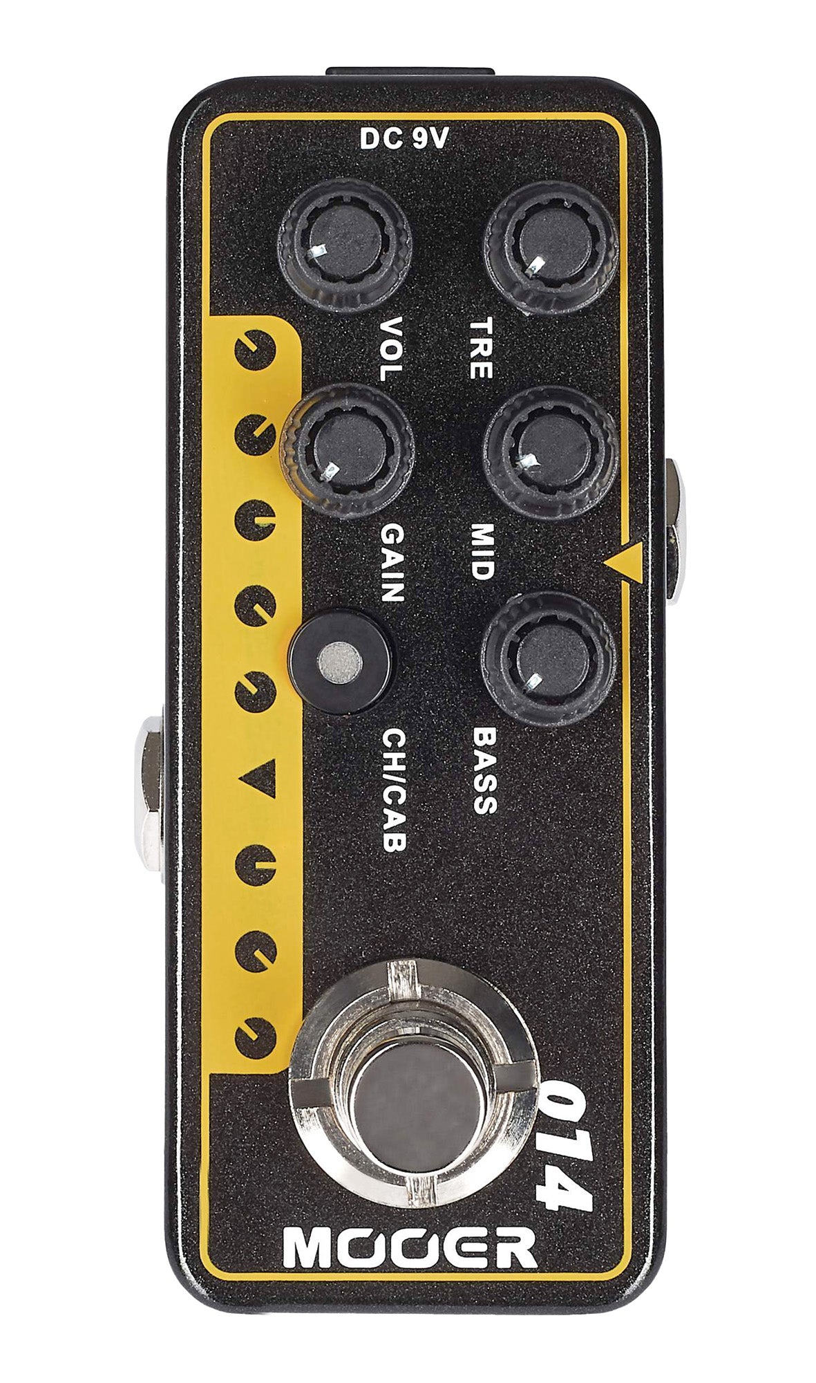 Pédale TAXIDEA TAXUS, préampli numérique type US combo, deux canaux, EQ 3 bandes par canal, noir et jaune