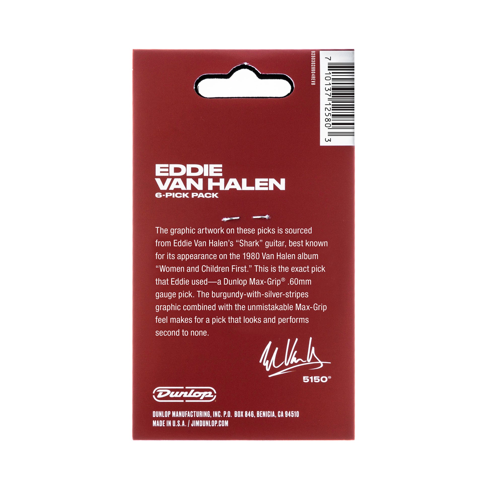 Sachet de 6 médiators EVH SHARK GUITAR MAX-GRIP Nylon 0.60 mm (graphisme rouge à bandes blanches)