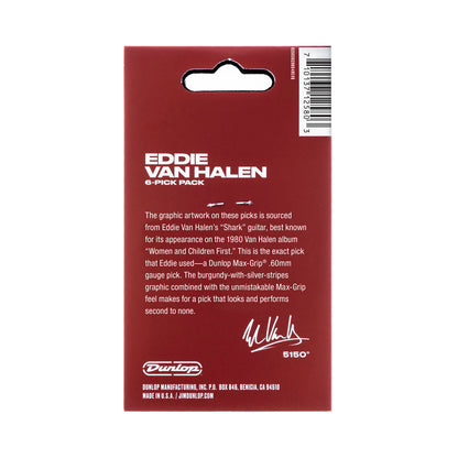 Sachet de 6 médiators EVH SHARK GUITAR MAX-GRIP Nylon 0.60 mm (graphisme rouge à bandes blanches)